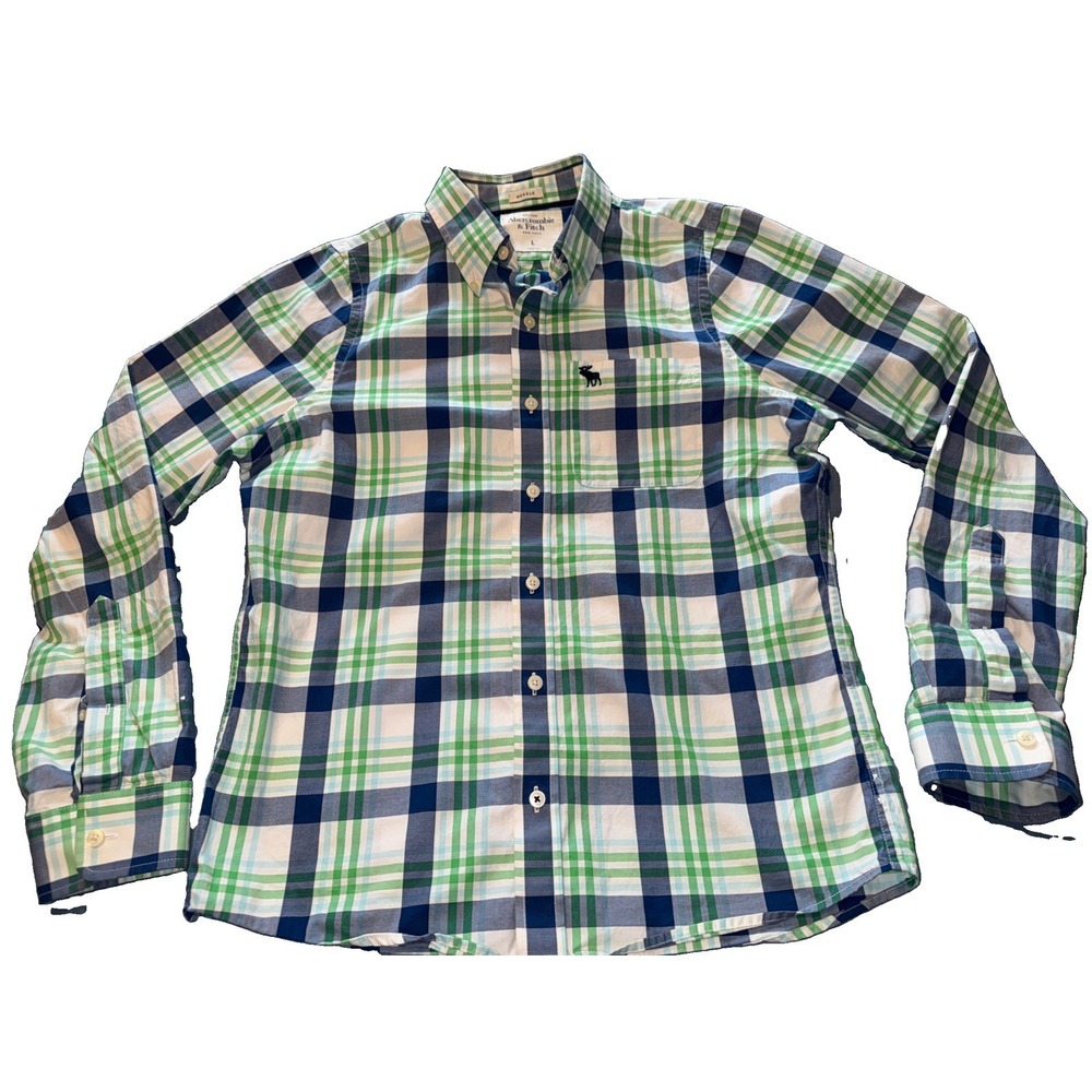 Abercrombie & Fitch Shirt Mens L Green Plaid Long Sleeve Muscle Fit Button Up
